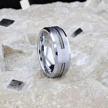 LANNISTER Men’s Tungsten Flat Wedding Band with Steel Wire Cable Inlay
and Beveled Edges 8mm