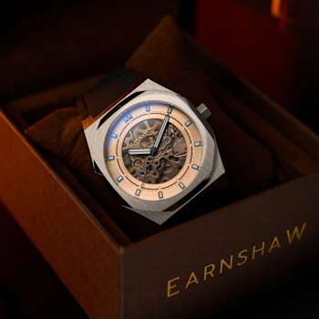 Thomas Earnshaw Discovery Drake Skeleton Rose Dial Black Stainless Steel
Band Automatic Watch