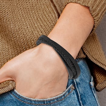 Black Leather and Stainless Steel Polished Multi-Strand 8.25-inch Bracelet