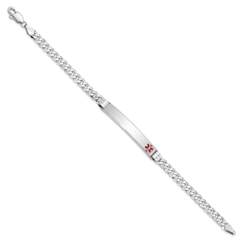 Rhodium Over 14k White Gold Medical Red Enamel Flat Curb Link ID Bracelet