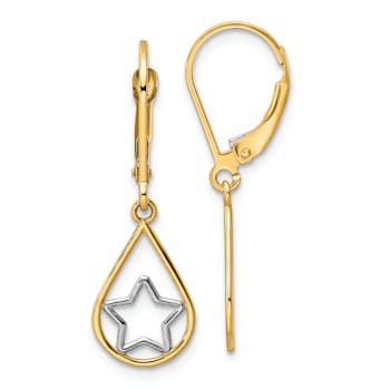 14k Yellow Gold and Rhodium Over 14k Yellow Gold Star in Teardrop Dangle Earrings