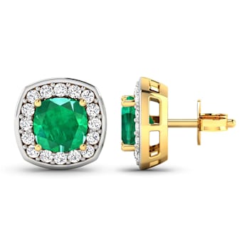 1.92ctw 14K Yellow Gold  Zambian Green Emerald and White Diamond Halo Earrings