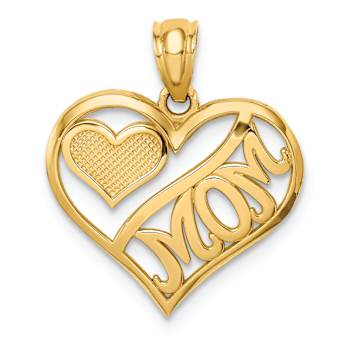 14k Yellow Gold Textured Polished MOM and Heart In Heart Pendant