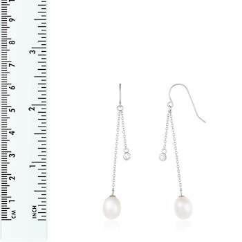 9-10mm White Cultured Freshwater Pearl and Cubic Zirconia Rhodium Over
Sterling Silver Earrings