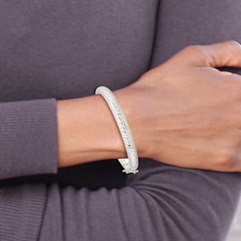Rhodium Over Sterling Silver Polished and Diamond-cut 7.00mm Hinged Bangle