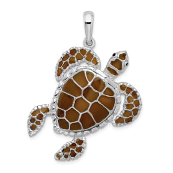 Rhodium Over Sterling Silver Polished Enameled Brown Sea Turtle Pendant
