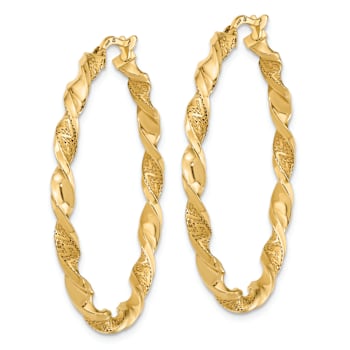 14k Yellow Gold Polished and Textured Twisted 1 5/8" Hoop Earrings