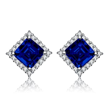 Sapphire Color CZ Square Stud Earrings In White Rhodium Over Brass