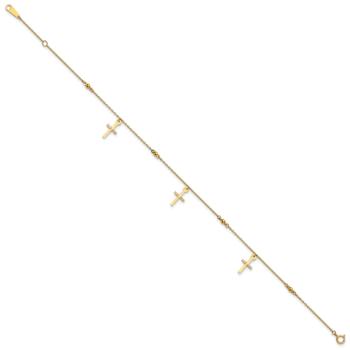 10k Yellow Gold Polished and Textured Cross Charm Cable Link Anklet