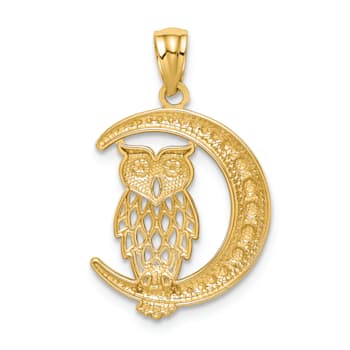 14K Two-tone Gold Diamond-cut Owl on the Moon Pendant