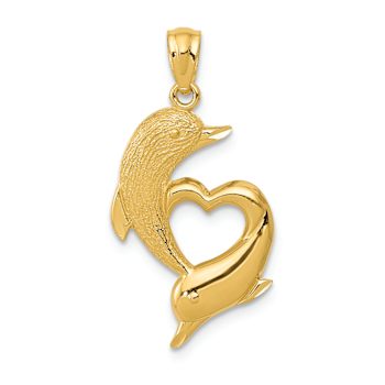 14k Yellow Gold Diamond-Cut Satin and Polished Dolphins Heart Pendant