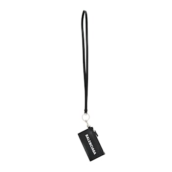 Balenciaga Cash Logo Black Grain Leather Neck Lanyard Card Holder Wallet