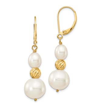 14K Yellow Gold 6-10mm White Freshwater Cultured Pearl and Diamond-cut
Bead Leverback Earrings