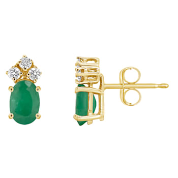 6x4mm Oval Emerald with Diamond Accents 14k Yellow Gold Stud Earrings