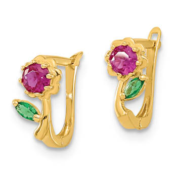 14K Yellow Gold Polished Red and Green Cubic Zirconia Flower Hoops Earrings