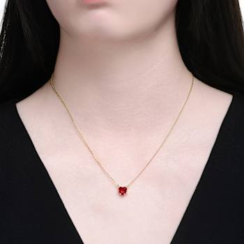 Ruby Color CZ Heart Solitaire Necklace In 14K Gold Over Brass