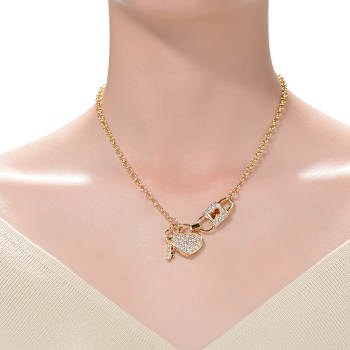 CZ Pave Heart Padlock And Key Charm Necklace In 14K Gold Over Sterling Silver