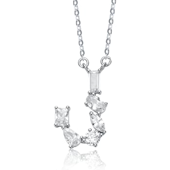 Initial J Mixed Cut CZ Pendant Necklace In Sterling Silver 18 Inch