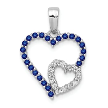Rhodium Over 14k White Gold Diamond and Sapphire Double Heart Pendant