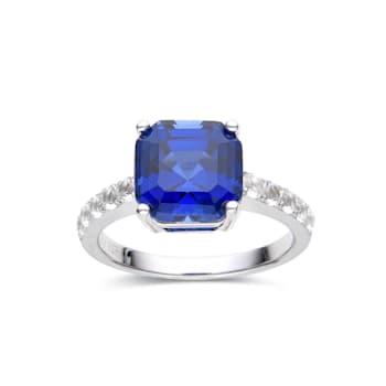 Blue Asscher Cut Lab Created Sapphire, Round White Topaz Accents Rhodium
Over Silver Ring for Women