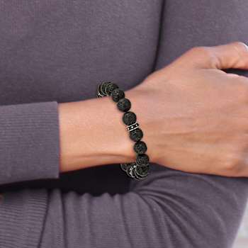 Stainless Steel Polished Black Enamel Lava Stone Beads Stretch Bracelet