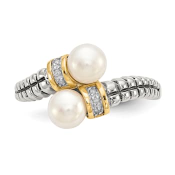 Sterling Silver Antiqued with 14K Accent Freshwater Cultured Pearl and
Diamond By-Pass Ring