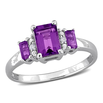 Amethyst and Diamond 10k White Gold 3-Stone Ring 1.09ctw