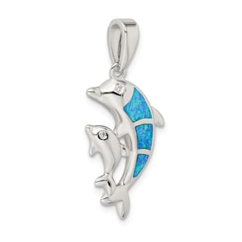 Rhodium Over Sterling Silver Blue Inlay Lab Created Opal Dolphin Pendant