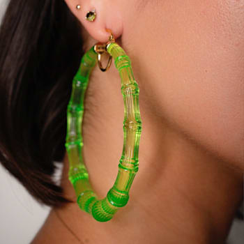 14K Yellow Gold Over Sterling Silver XL Acrylic Bamboo Hoops in Lime Green