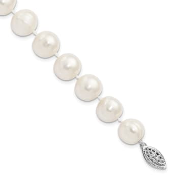 Rhodium Over Sterling Silver 10-11mm White Freshwater Cultured Pearl Bracelet