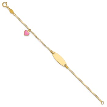 14k Yellow Gold Polished Kids ID with Pink Enameled Puffed Heart Bracelet