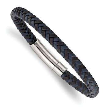 Black and Blue Braided Leather and Stainless Steel Polished 8.25-inch Bracelet