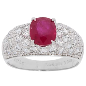 Cushion Red Ruby and White Diamond 18K White Gold Ring. 2.97 CTW
