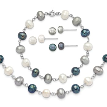 Rhodium Over Sterling Silver Multi-color Freshwater Pearl
Necklace/Bracelet/Earring Set