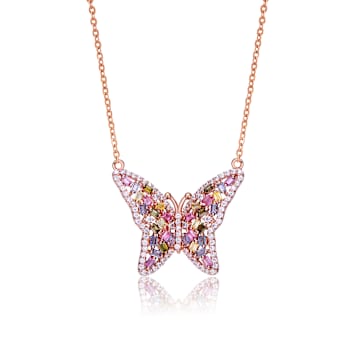 Multi-Color CZ Butterfly Station Necklace In 18K Rose Gold Over Sterling Silver