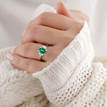 Green Lab Created Emerald and Moissanite Rhodium Over Sterling Silver
3-Stone Ring