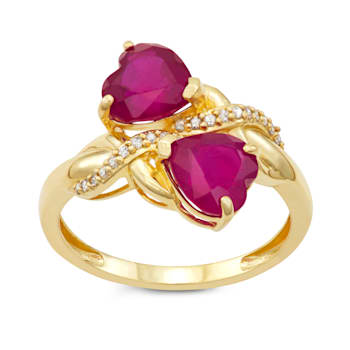 Red Mahaleo® Ruby 10K Yellow Gold Double Heart Ring 3.50ctw