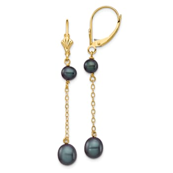 14K Yellow Gold 5-7mm Black Rice Freshwater Cultured Pearl Leverback Earrings