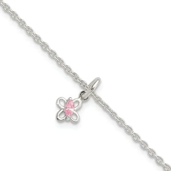 Sterling Silver Pink Cubic Zirconia Butterfly with 1.5-inch Extension Bracelet