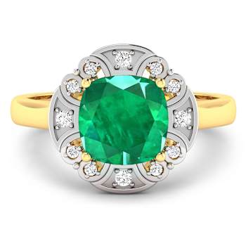 Green Emerald and White Diamond 14K Yellow Gold Halo Ring 2.16 ctw