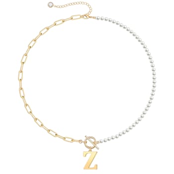 14K Gold Over Brass Initial Pearl Simulant Link Chain Necklace Letter Z