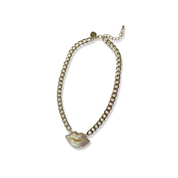 Gold Tone AB Glitter with Clear Crystal Lip Pendant Necklace