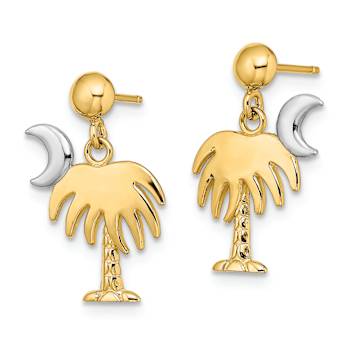 14k Two-tone Textured Charleston Palm Tree Moon Dangle Earrings