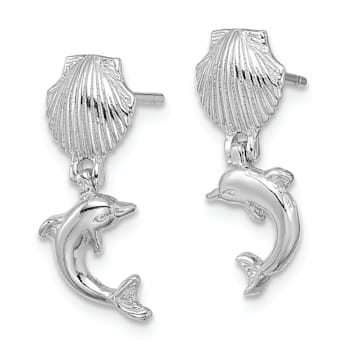 Rhodium Over 14k White Gold Textured Dangling Dolphin From Mini Scallop Earrings