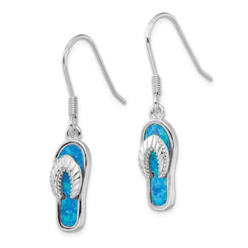 Rhodium Over Sterling Silver Created Blue Inlay Opal Sandal Dangle Earrings