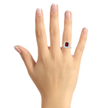 8x6mm Emerald Cut Garnet And White Topaz Accents Rhodium Over Sterling
Silver Double Halo Ring