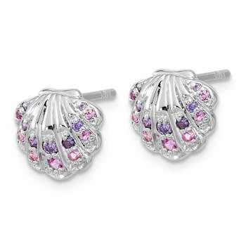 Rhodium Over Sterling Silver Polished Cubic Zirconia Shell Post Earrings