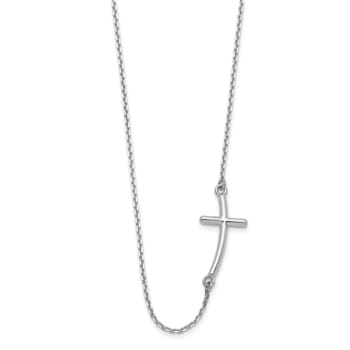 Rhodium Over 14K White Gold Large Sideways Curved Cross Necklace