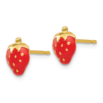 14k Yellow Gold Red Enameled Strawberry Stud Earrings