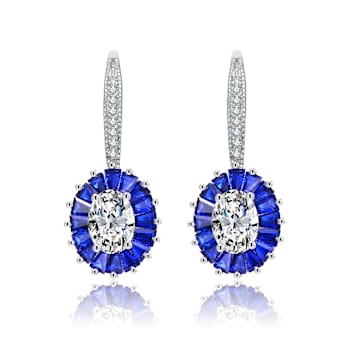 Sapphire Color CZ Halo Drop Earrings In Sterling Silver